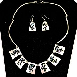 Vintage Alpaca Mexico Abalone Shell Kokopelli Inlay Collar Necklace 18"